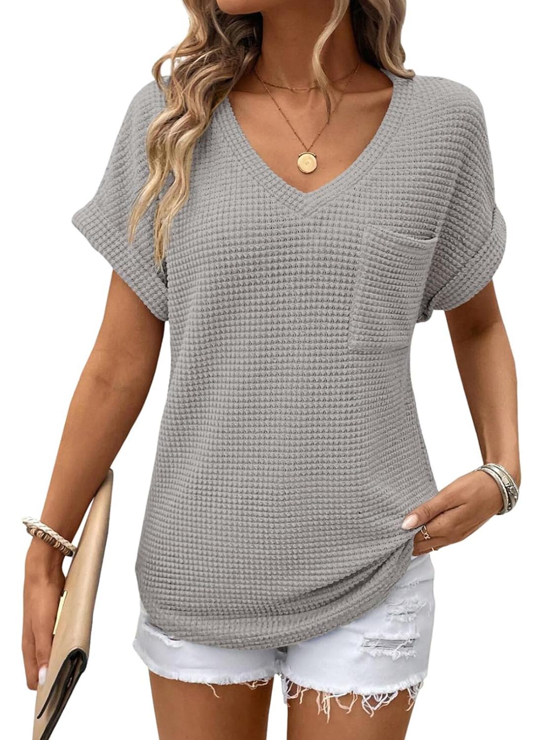 Limited time sale🔥Women's Oversized Waffle V Neck Short Sleeve Casual Top