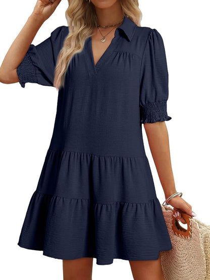 Limited time sale🔥Women's Smocked Sleeve Tiered V-Neck Mini Dress