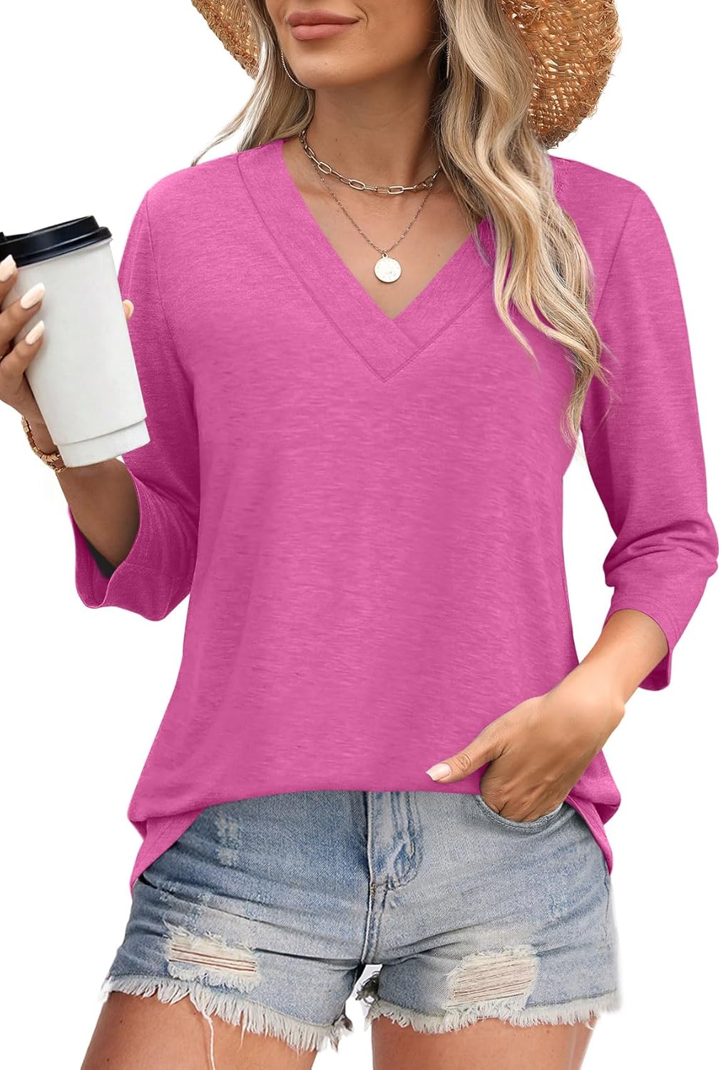Women's Trendy V Neck 3/4 Long Sleeve Tops Loose Fit Blouse