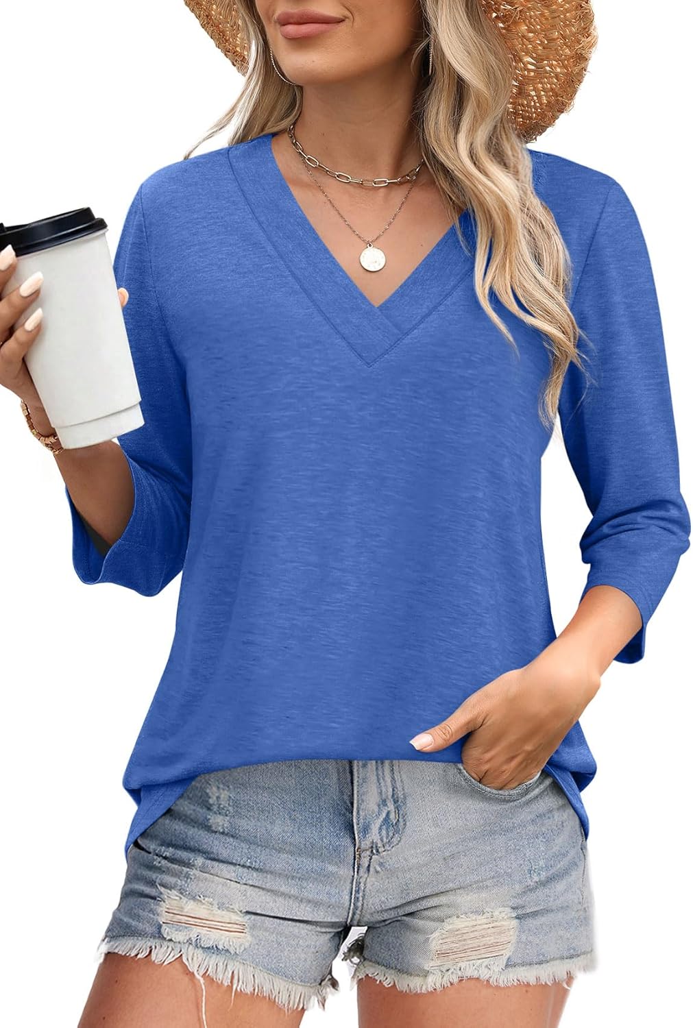 ✨Flash Sale Women's Trendy V Neck 3/4 Long Sleeve Tops Loose Fit Blouse