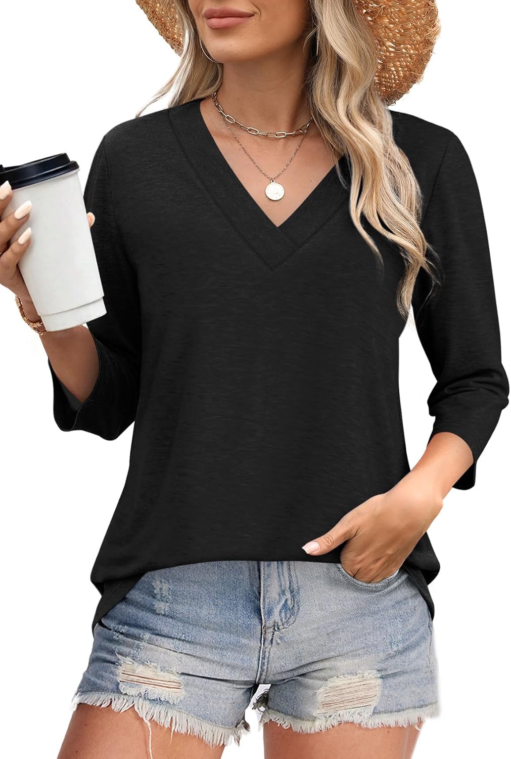 Women's Trendy V Neck 3/4 Long Sleeve Tops Loose Fit Blouse