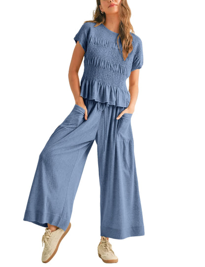 Women's Pleated Top Wide Leg Pants Set with Pockets