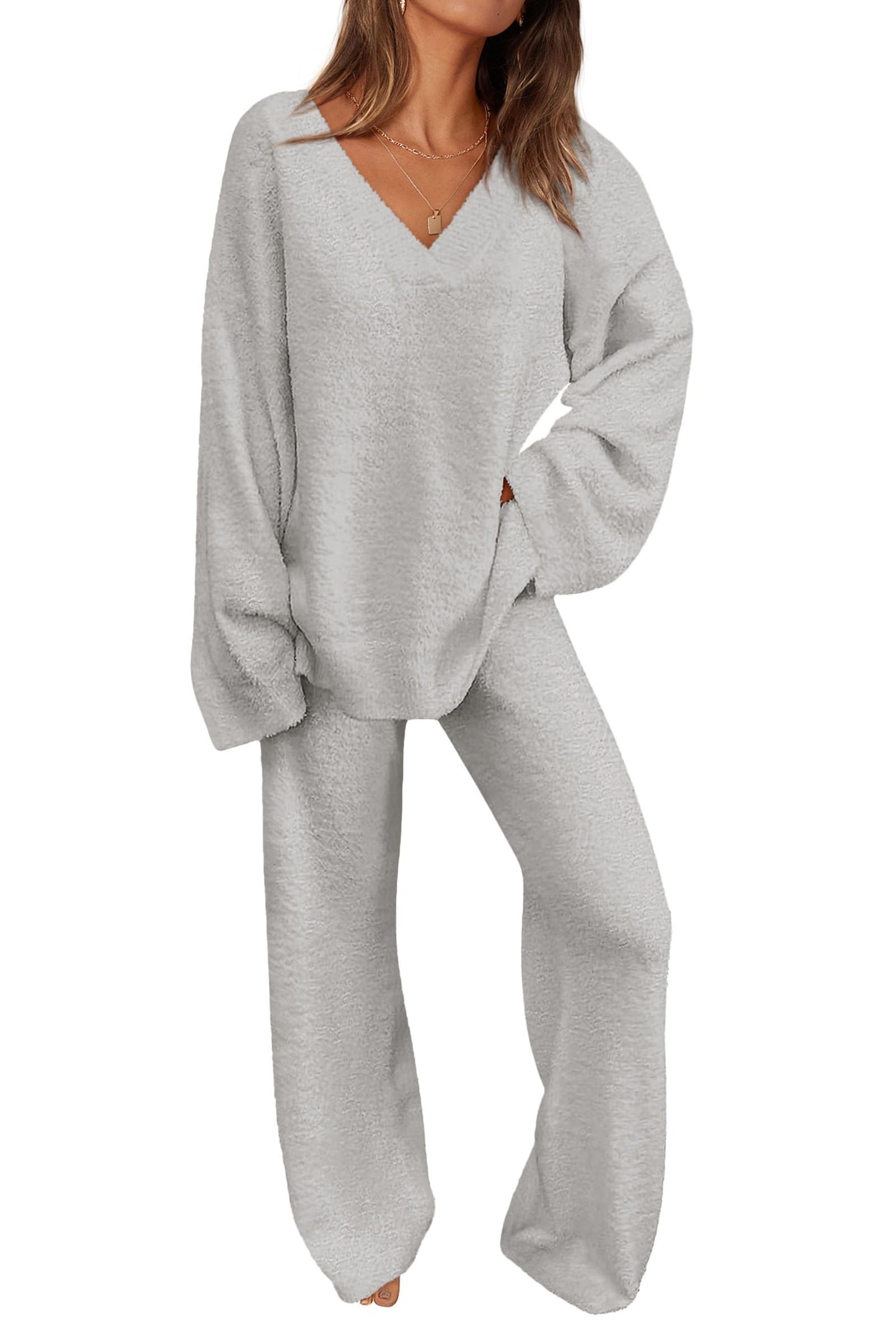 ✨Women's 2 Piece Oversized V Neck Pullover Sweater Fuzzy Lounge Set