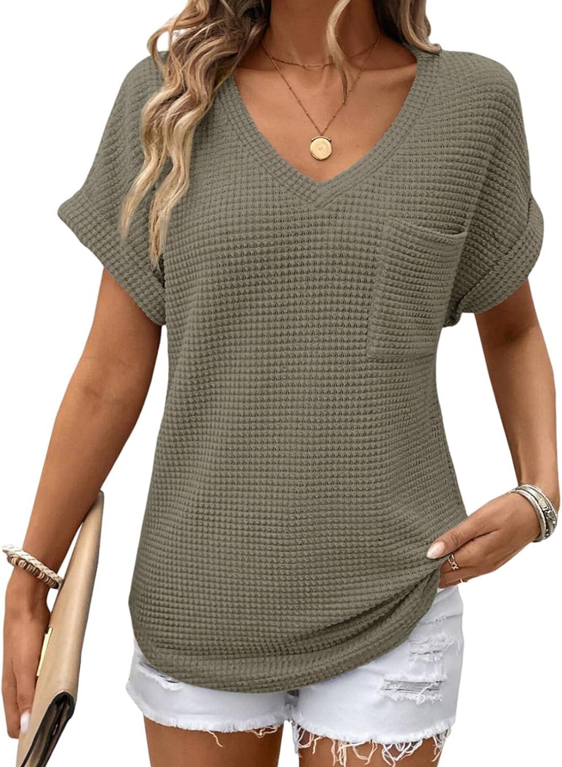 Limited time sale🔥Women's Oversized Waffle V Neck Short Sleeve Casual Top
