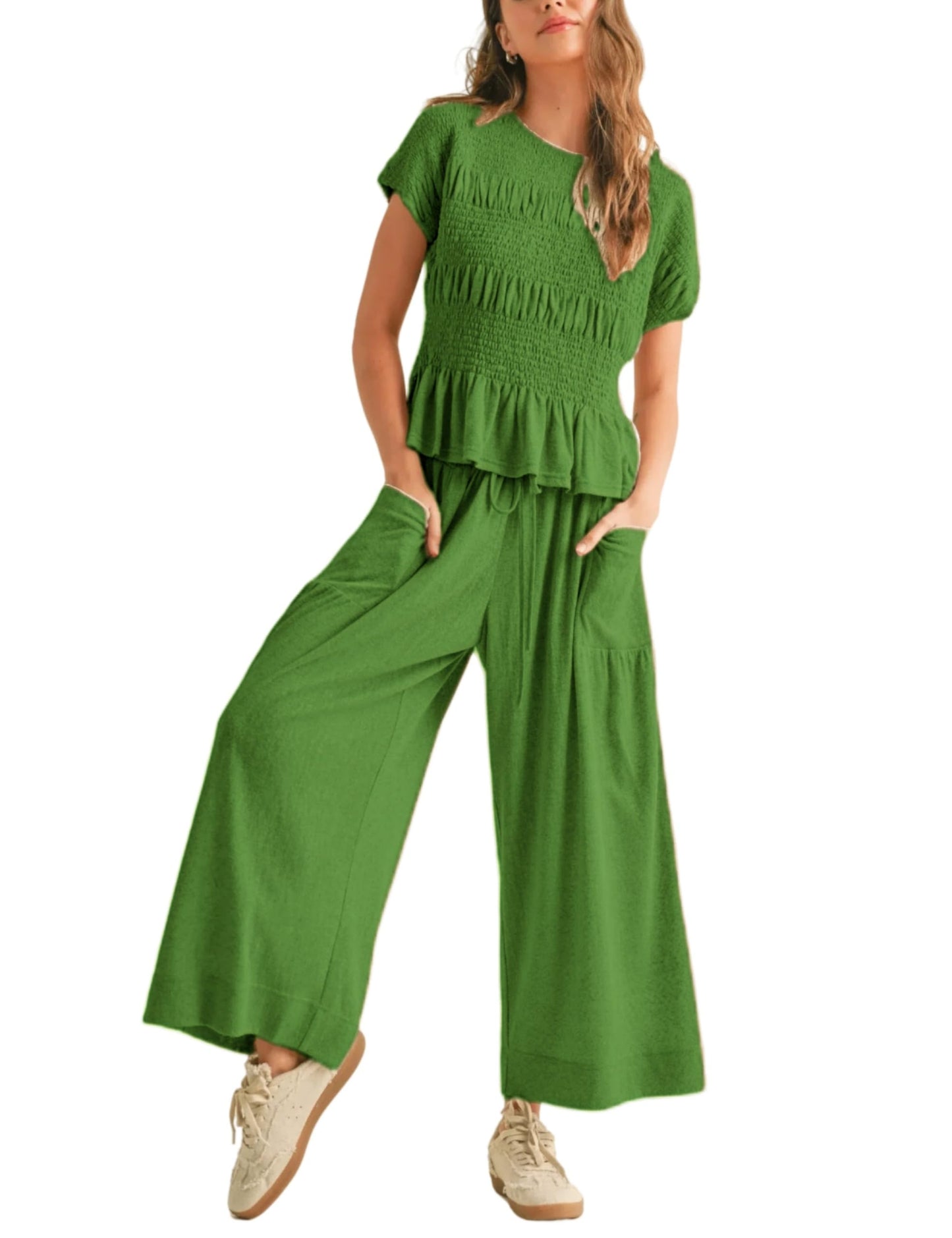 Women's Pleated Top Wide Leg Pants Set with Pockets