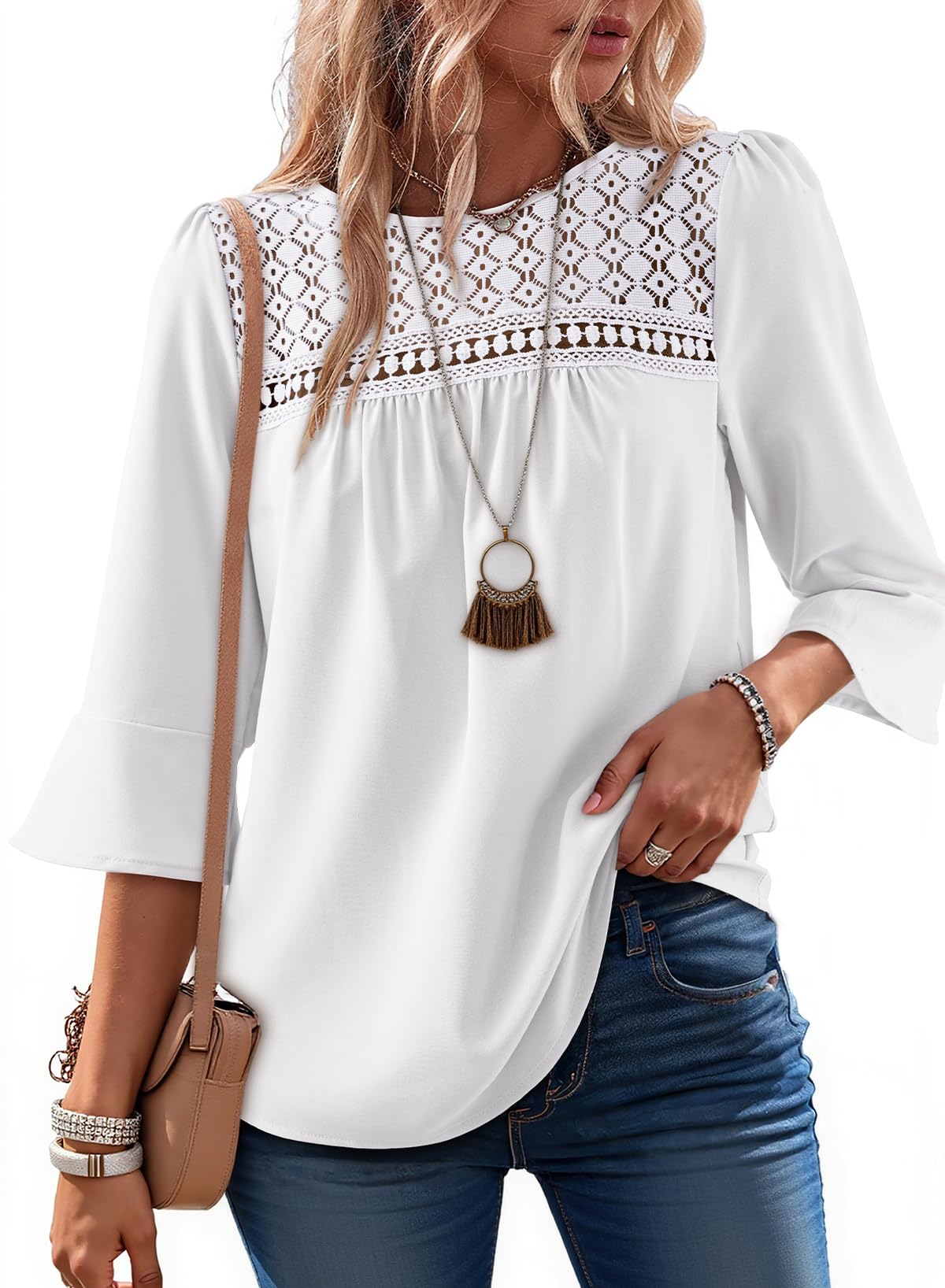Women's 2026 Fashion Tops 3/4 Sleeve Crewneck Shirts Casual Boho Lace Blouses