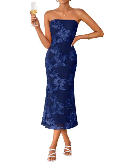 Women's Summer Strapless Floral Midi Dress 2026 Bodycon Mesh Tube Wedding Guest Cocktail Party Long Dresses