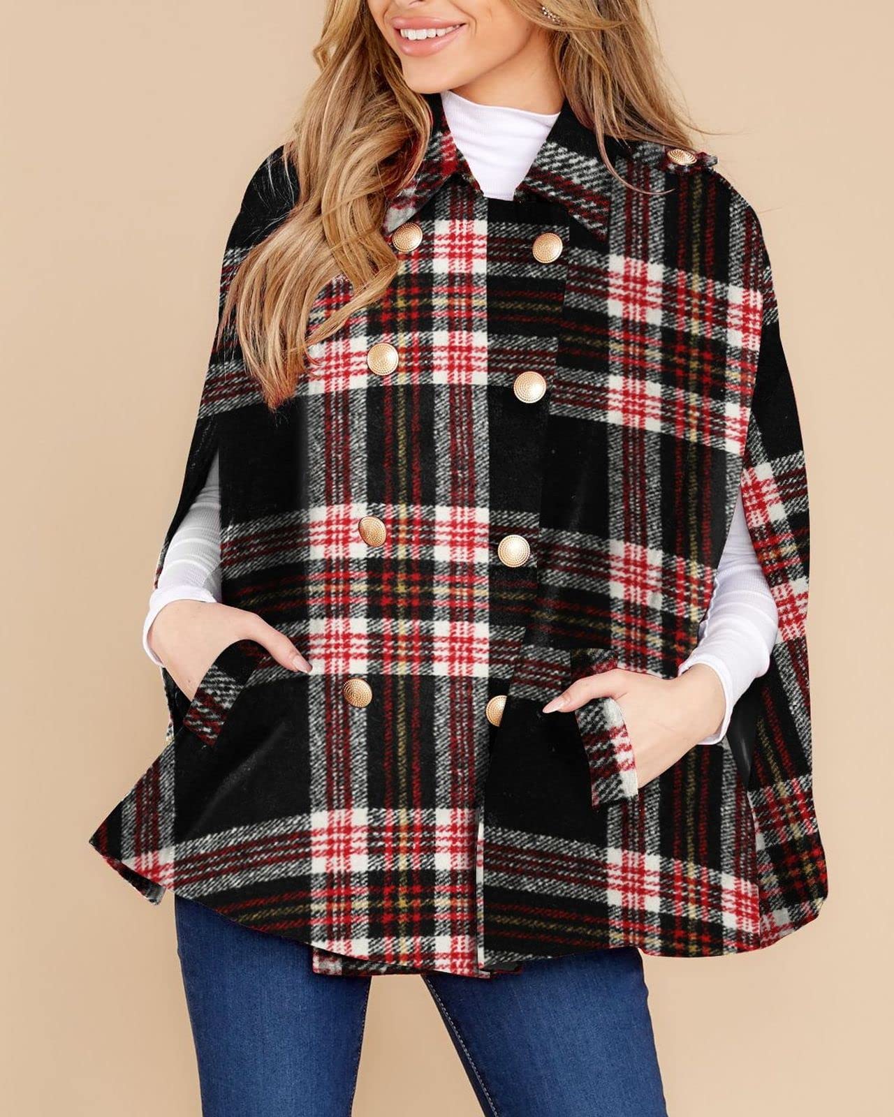 Women's Plaid Double Breasted Winter Cape Turn Down Poncho Coats