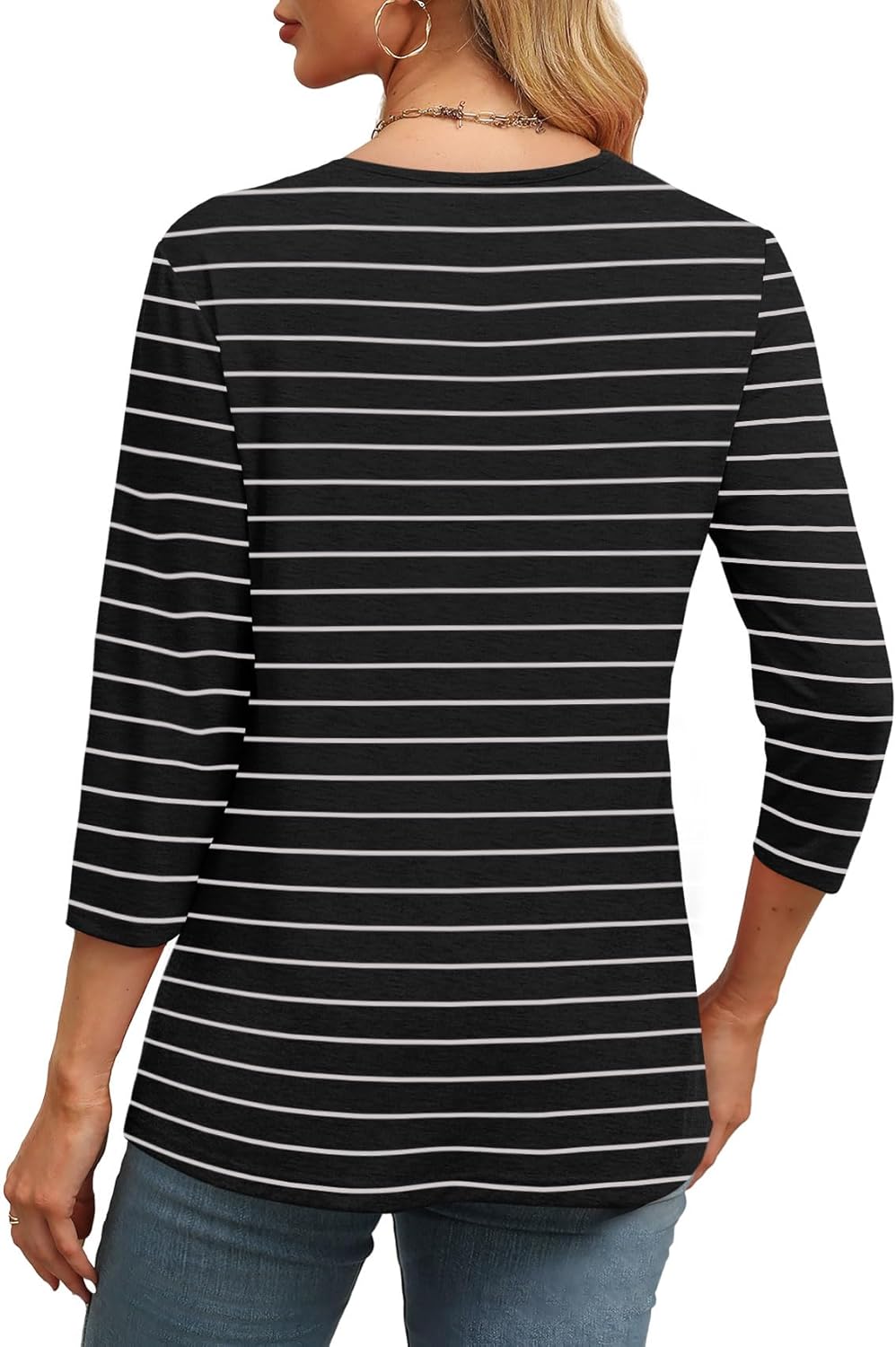 Women's Trendy V Neck 3/4 Long Sleeve Tops Loose Fit Blouse