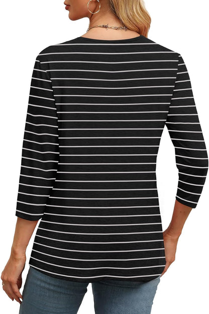 Women's Trendy V Neck 3/4 Long Sleeve Tops Loose Fit Blouse