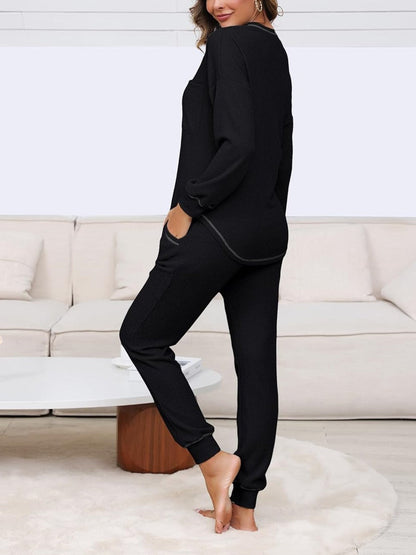 ✨V Neck Waffle Knit Sleepwear Top and Pant Lounge Sets