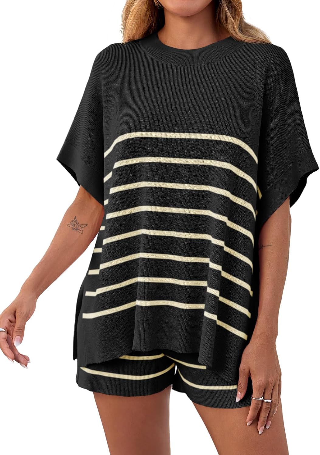 Women's Striped Two-Piece Oversized Batwing Sleeve Short Sleeve Top and Shorts Set