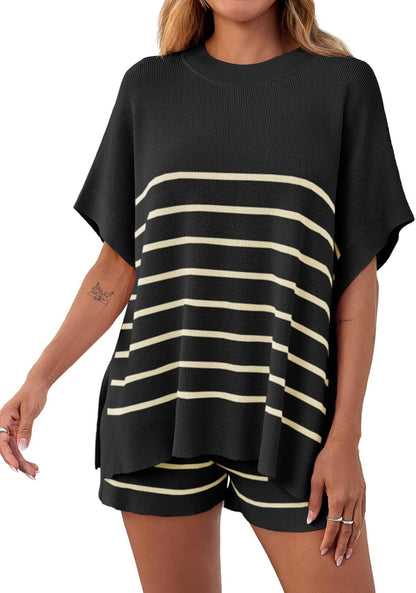 Women's Striped Two-Piece Oversized Batwing Sleeve Short Sleeve Top and Shorts Set