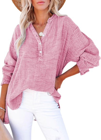 Limited time sale🔥Womens Casual Gauze Button Neck Long Sleeve Oversized BlousesTops