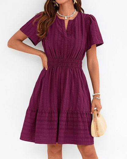 Women's Lightweight Short Sleeve V Neck Elastic Waist Mini Dress