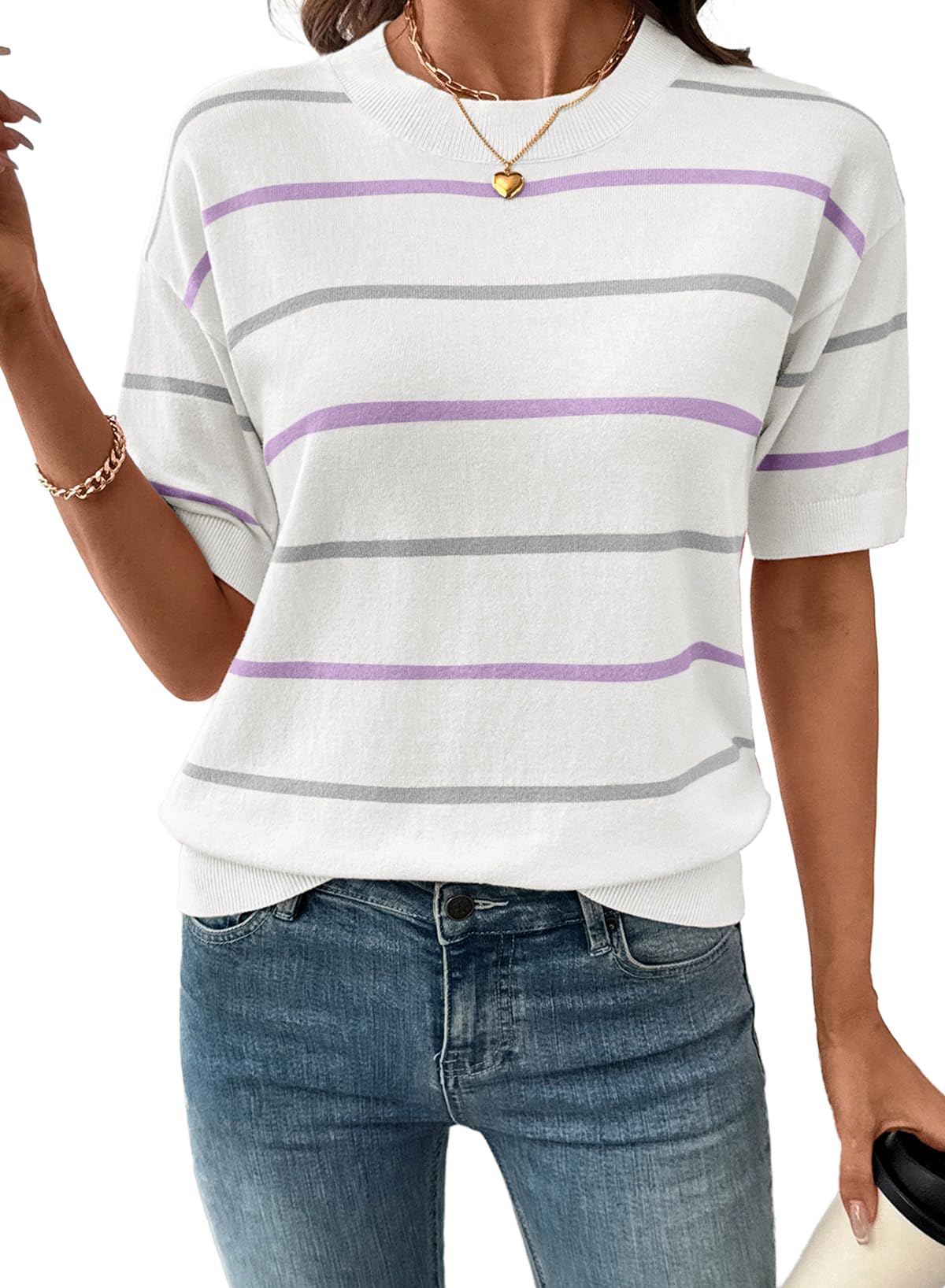 ⏰Hot Sale-Womens Tops Crewneck Short Sleeve Sweater Pullover Knit Striped Shirt Spring Outfits