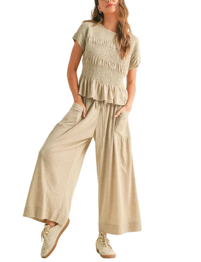 Women's Pleated Top Wide Leg Pants Set with Pockets