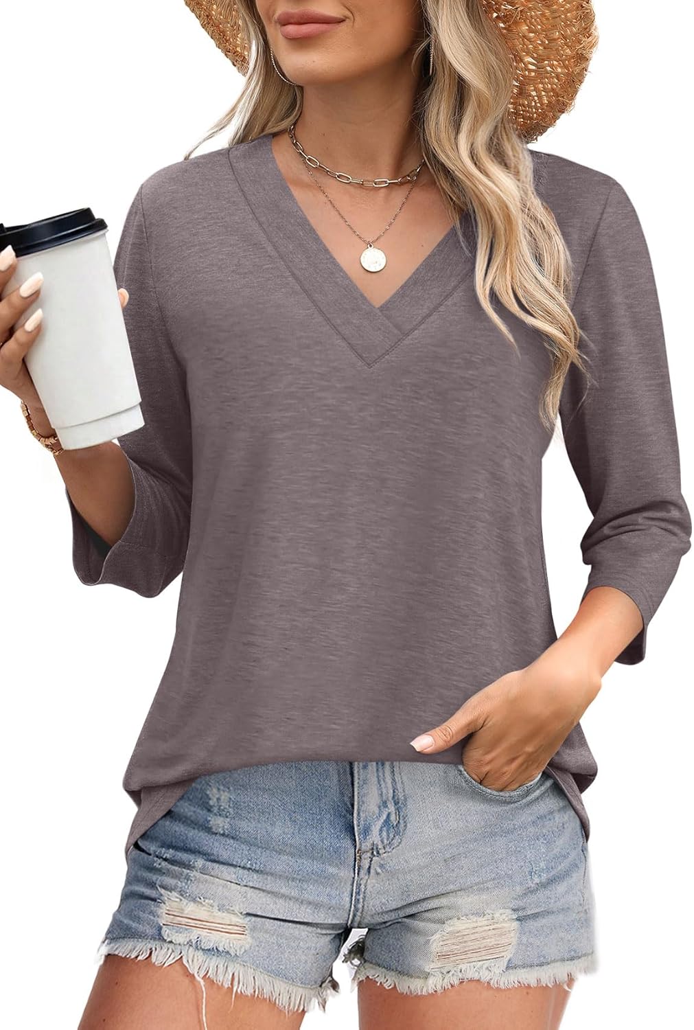Women's Trendy V Neck 3/4 Long Sleeve Tops Loose Fit Blouse