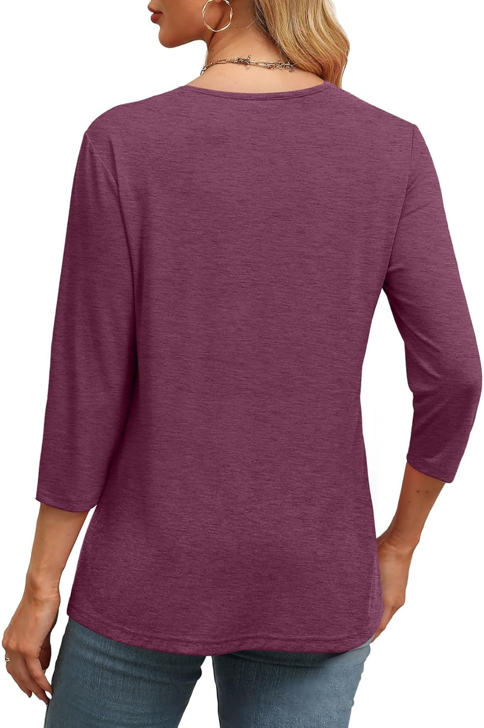 Women's Trendy V Neck 3/4 Long Sleeve Tops Loose Fit Blouse