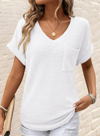 Limited time sale🔥Women's Oversized Waffle V Neck Short Sleeve Casual Top