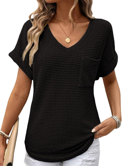 Limited time sale🔥Women's Oversized Waffle V Neck Short Sleeve Casual Top