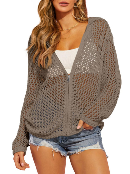 2026 Womens Crochet Lightweight Cardigans Zip Up Hooded Cover Up