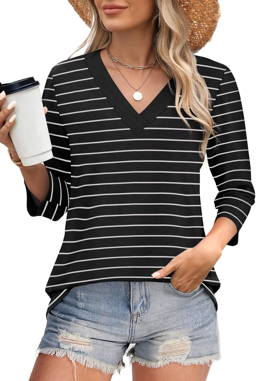 Women's Trendy V Neck 3/4 Long Sleeve Tops Loose Fit Blouse