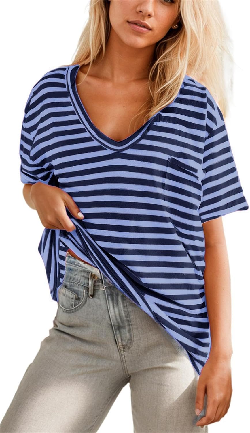 Women Oversized T Shirt Striped Short Sleeve Deep V Neck Tee Shirt ✨BUY 2 FREE SHIPPING