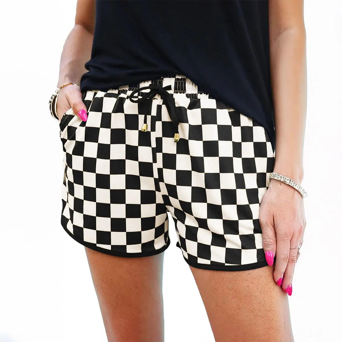 Women's Checkered Adjustable Drawstring Elastic Waist Casual Shorts