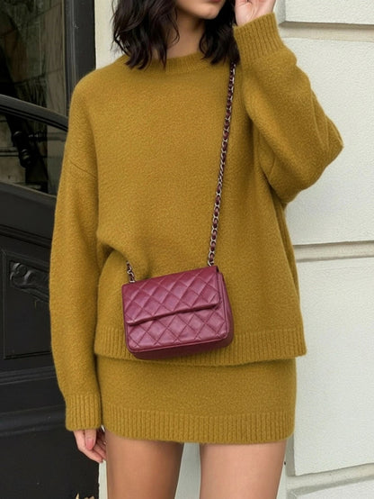 Women Knitted Sweater Set Crew Neck Long Sleeve Pullover With Midi Skirt