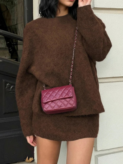 Women Knitted Sweater Set Crew Neck Long Sleeve Pullover With Midi Skirt