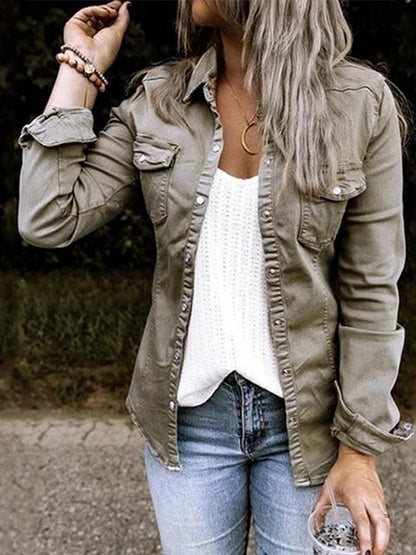 Solid Color Lapel Neck Pleated Denim Shacket