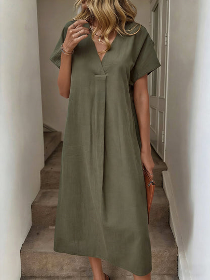 Women's Solid V-Neck Raglan Sleeve Loose Cotton Midi Dress