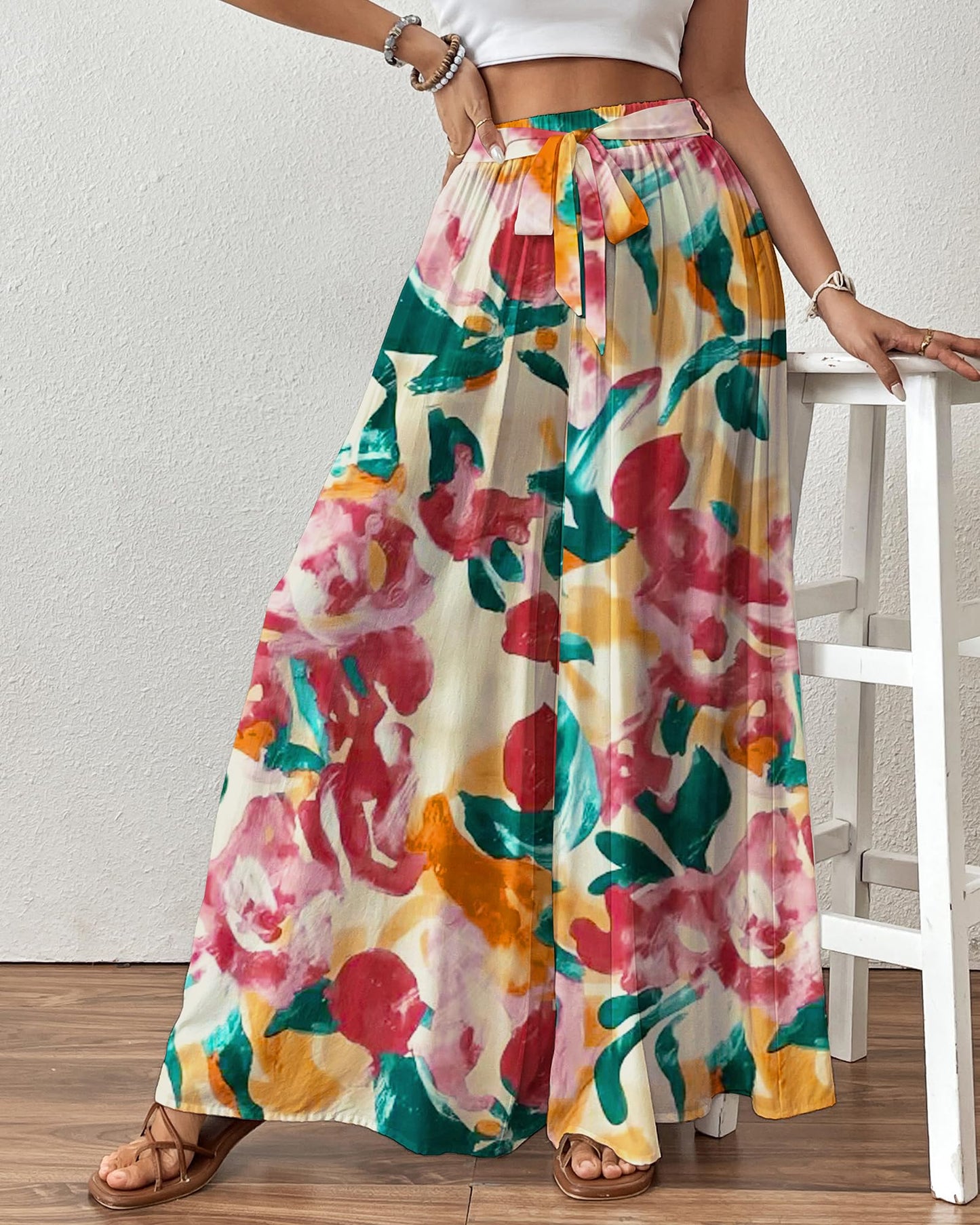 Woman Flowy Floral Palazzo Pants Wide Leg Pants