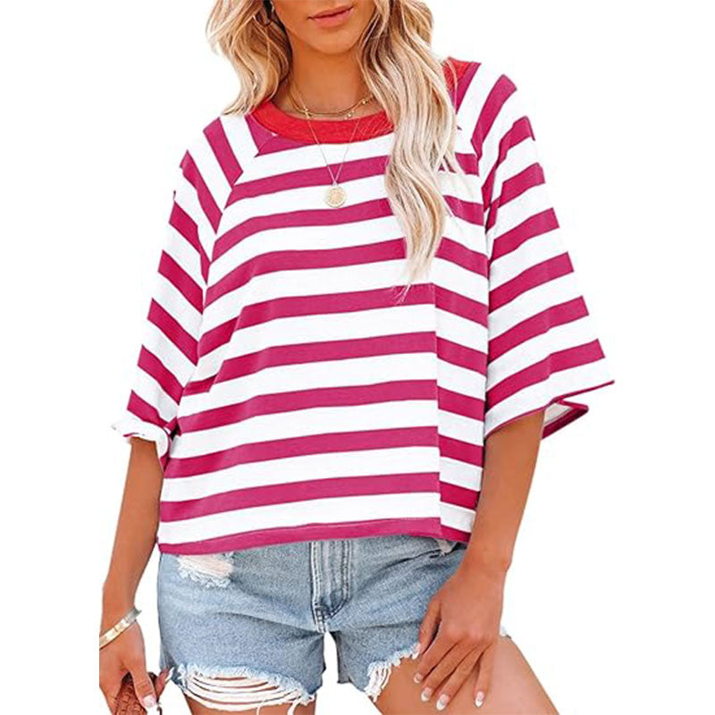 Women Summer Striped  Color Blocking T Shirts Tee