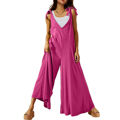 Women's Tie Strap Causal  Sleeveless Wide Leg Long Rompers