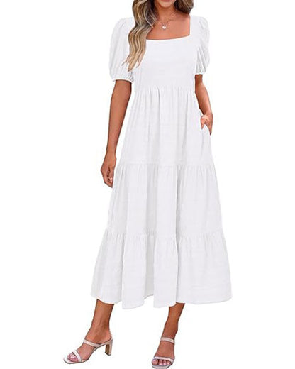 Women's Summer Puff Sleeve Loose Fit Midi Dress （BUY 2 FREE SHIPPING)
