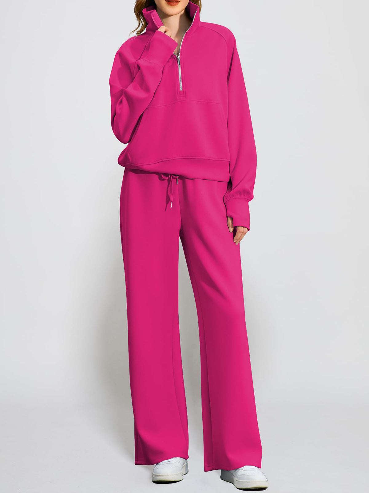 Women's Oversized Half Zip Wide Leg 2 Piece Outfits Lounge Set
