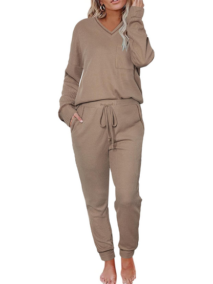 ✨V Neck Waffle Knit Sleepwear Top and Pant Lounge Sets