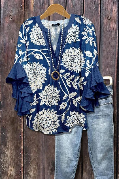Women's Mixed Floral Print Ruffle Bell Sleeve Top
