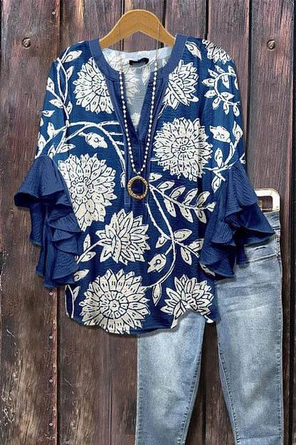 Women's Mixed Floral Print Ruffle Bell Sleeve Top