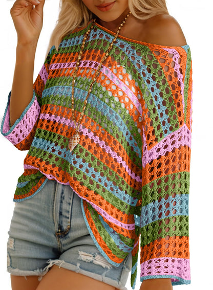 Women's 3/4 Sleeve Hollow Out Color Block Striped Top