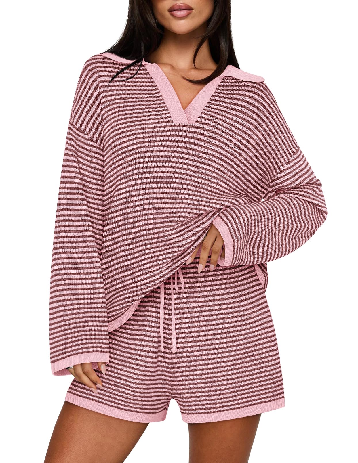 Casual Long Sleeve Striped Tops Shorts Matching Set