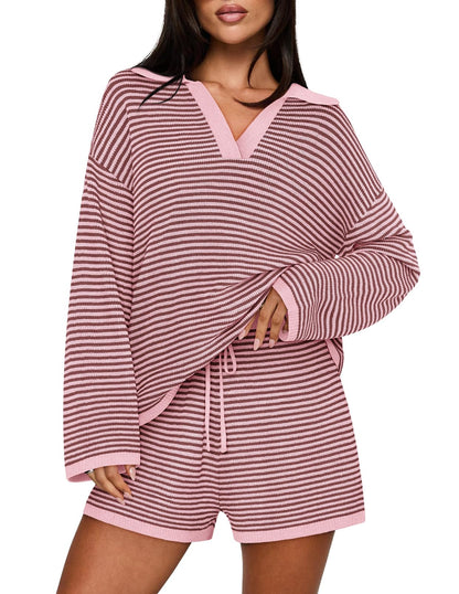 Casual Long Sleeve Striped Tops Shorts Matching Set