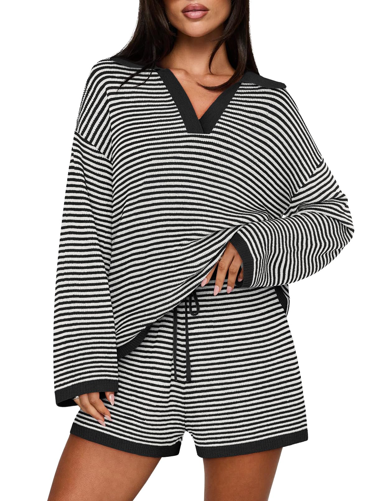 Casual Long Sleeve Striped Tops Shorts Matching Set