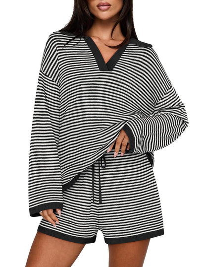 Casual Long Sleeve Striped Tops Shorts Matching Set