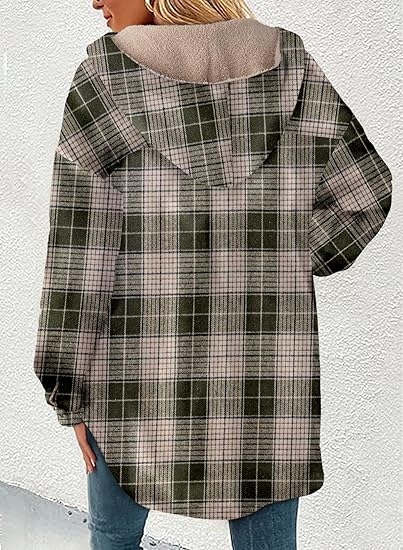 Women's Flannel Hooded Plaid Shacket Thick Coat Fuzzy Fleece Jacket