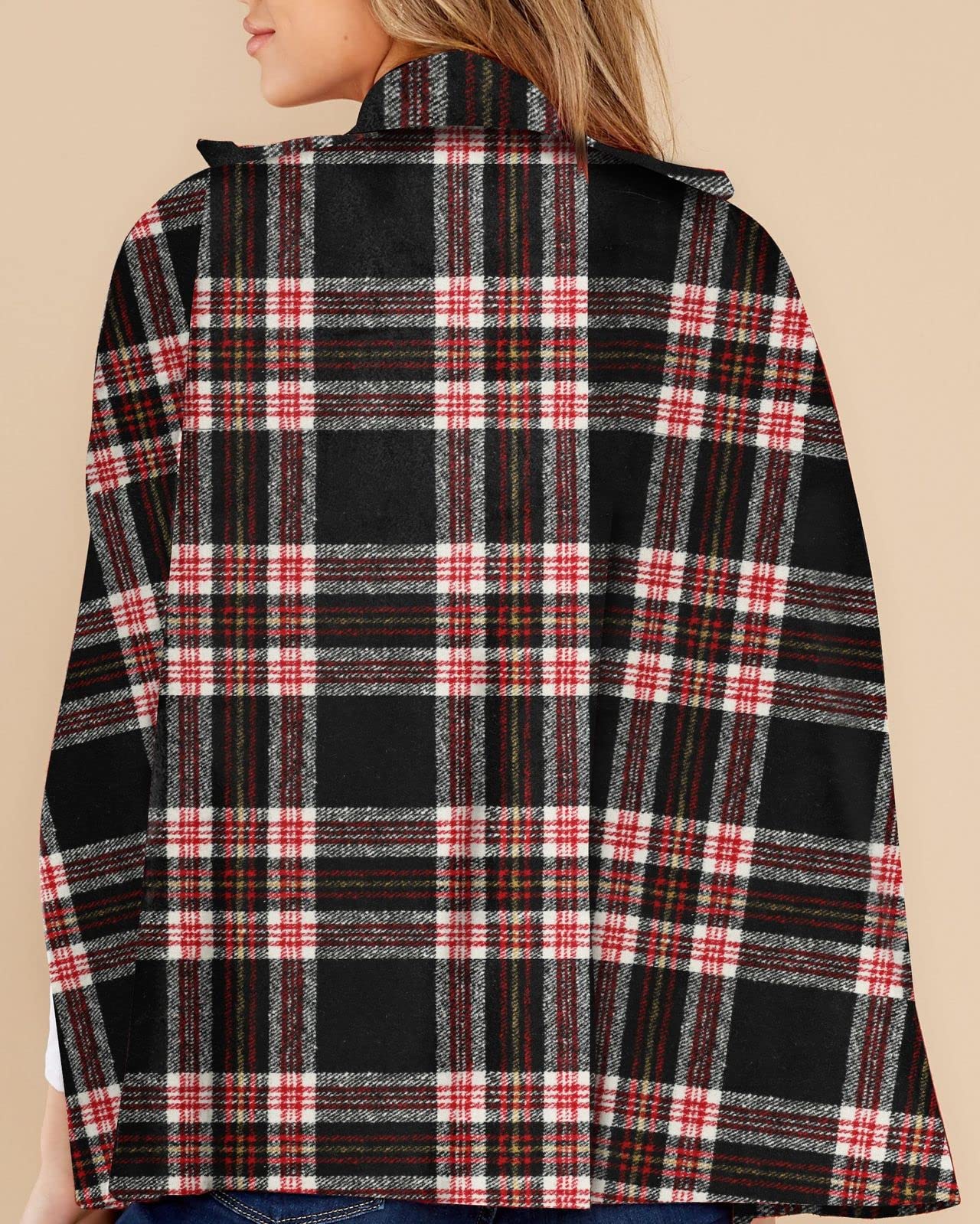 Women's Plaid Double Breasted Winter Cape Turn Down Poncho Coats