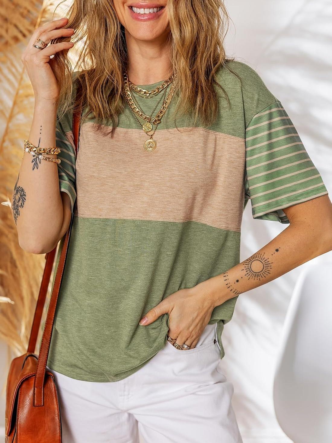 Limited time sale🔥Womens Oversized Color Block Striped Shirts Top