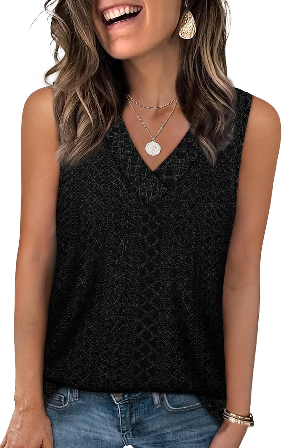 ✨Women Summer Outfits V Neck Tank Trendy Eyelet Sleeveless Basic T Shirts